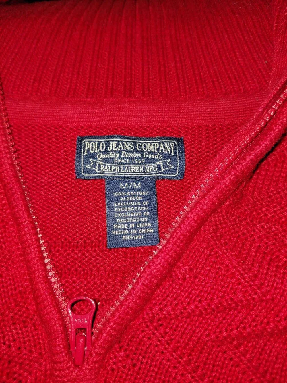 Vintage Polo Ralph Lauren Mens Red Cotton Quarter Zip Sweater Medium Flag Back